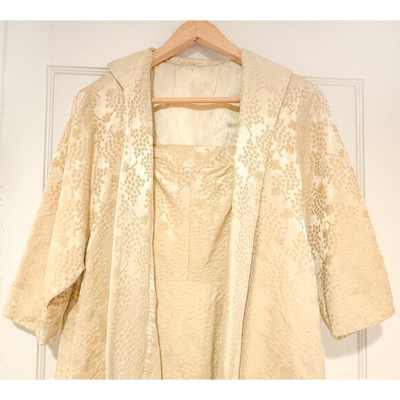 Vintage 1950's Light Yellow Handmade Brocade Grape Print Dress and Jacket Set - Picture 2 of 12